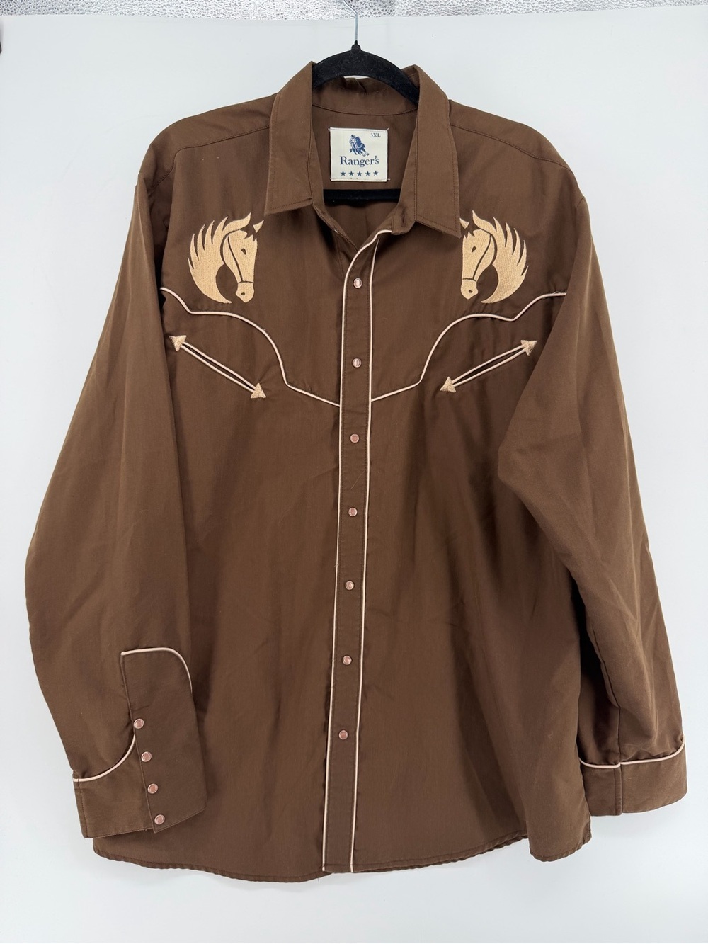 Ranger's Western Pearl Snap Shirt Mens 3XL Brown Horse Embroidery Cowboy Rodeo
